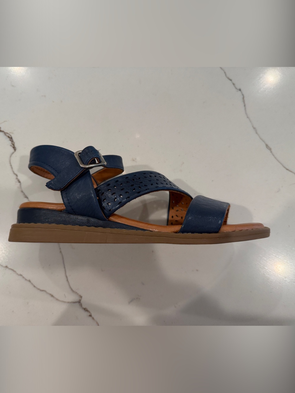 Miz Mooz Navy Blue Perforated Leather Women’s Sandals with Buckle